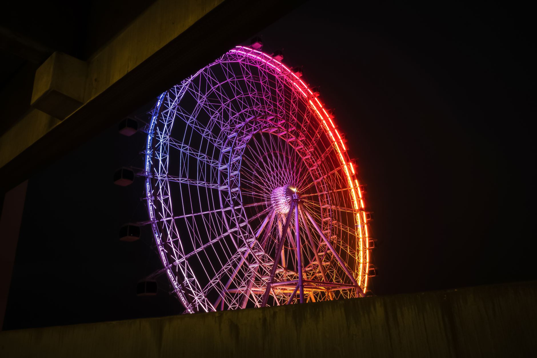 Colorful illumination of the Orlando Eye Ferris Wheel at night, a striking landmark in Orlando, Florida.